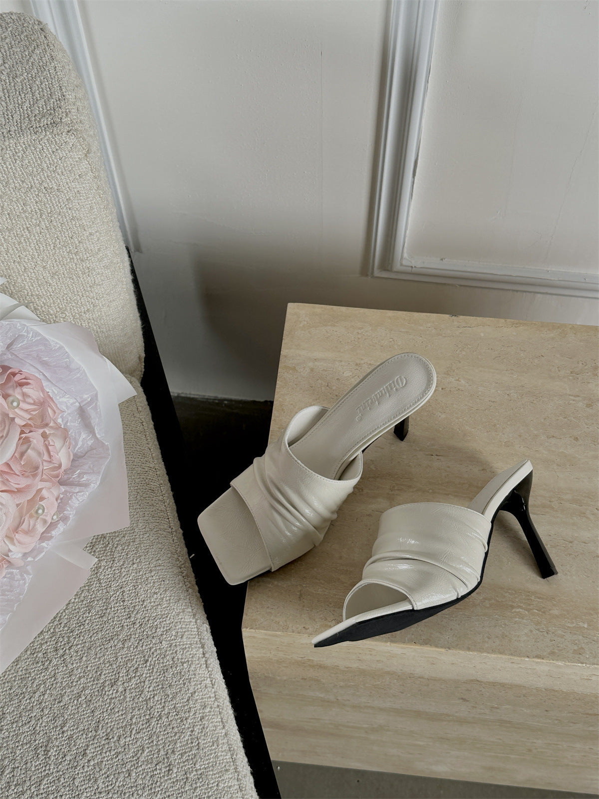 Square Toe Stiletto Pleated Ankle-strap High Heels