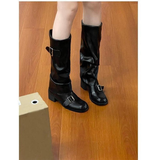 Retro Buckle Pleated Knight Boots