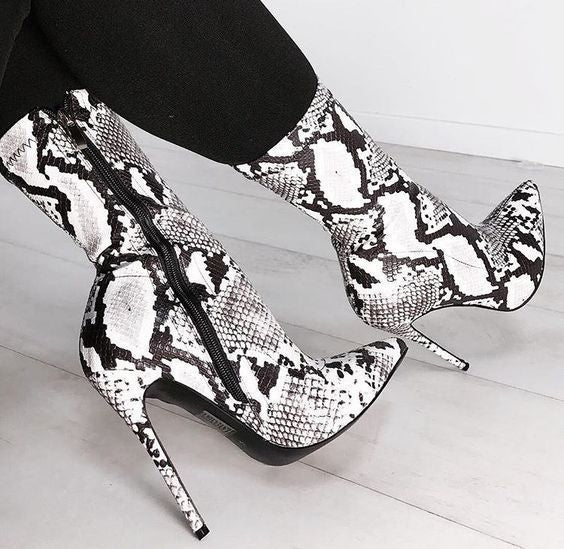 Snake Skin Stiletto Pointed Toe Heel Boots