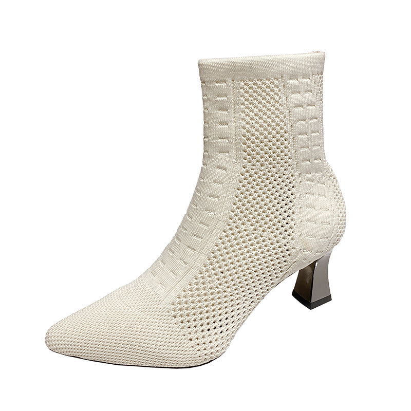 Knitted Sock Short Pointed Chunky Heel Boots
