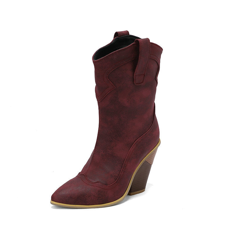 Retro Pointed Profiled Chunky Sleeve Middle Boots