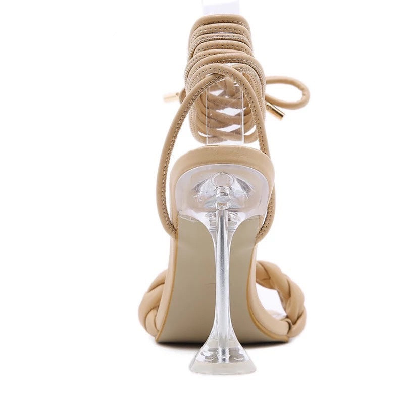 Strappy Woven Toe Clear Heel Sandals