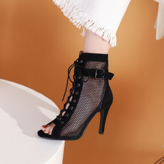 Peep Toe Hollow Mesh Cross Lace-up Buckle Heels