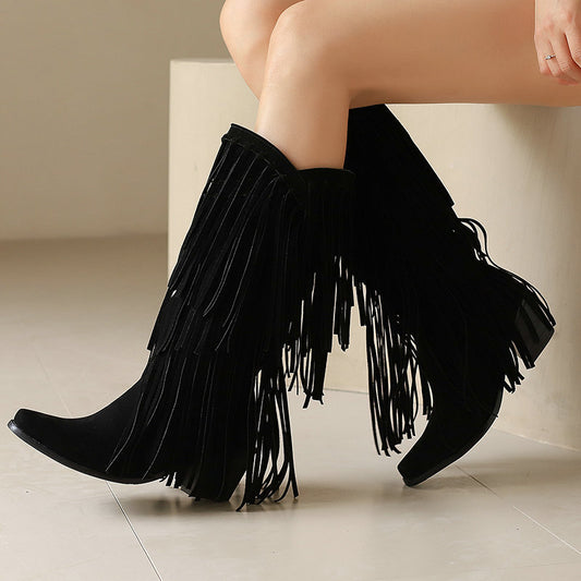Suede Tassel Below The Knee Boots