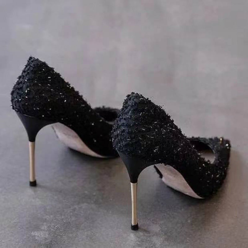 Textured Pointed Toe High Stiletto Heels