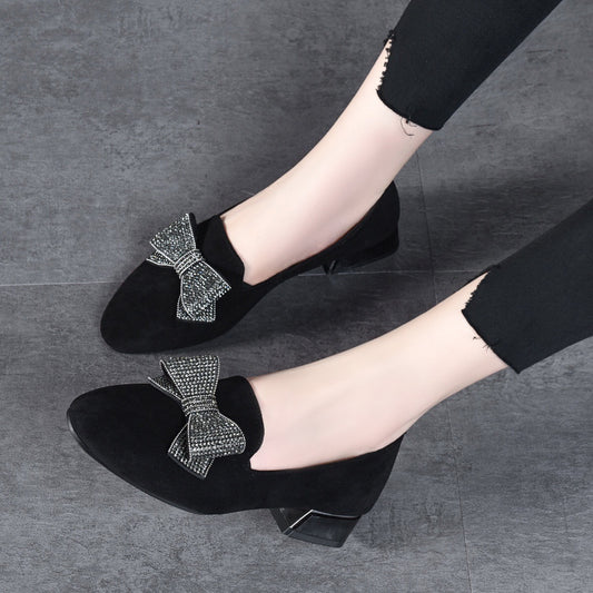 Round Toe Rhinestone Bow Leather Flats