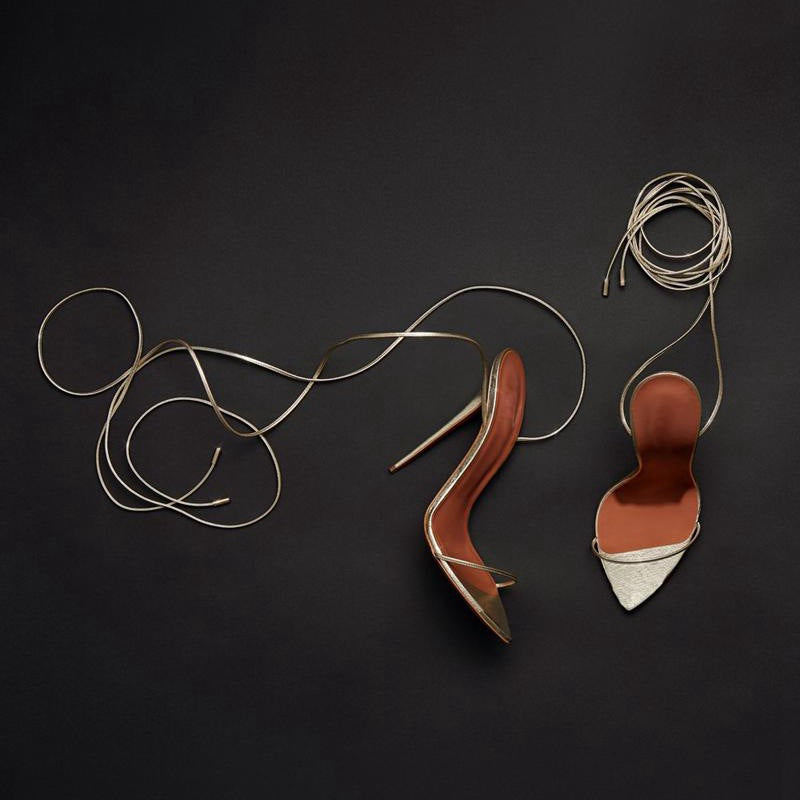 Gold Pointed Ankle Strap Stiletto Sandals