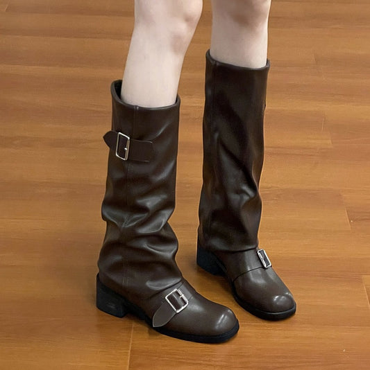 Retro Buckle Pleated Knight Boots