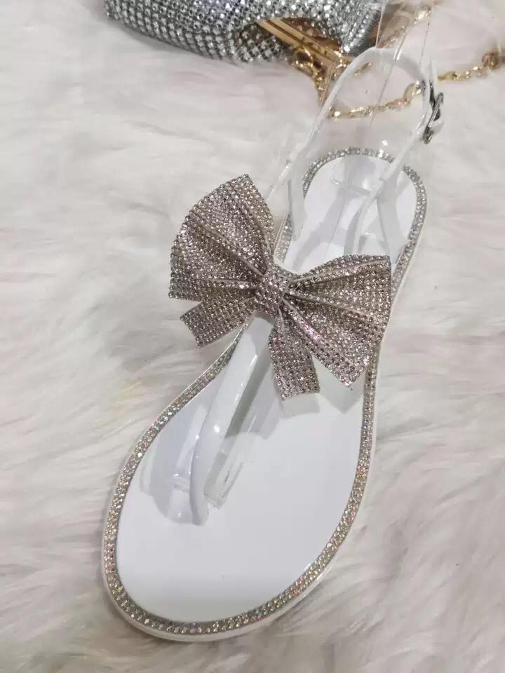 SPARKLY FLAT ANKLE STRAP BOW SANDALS