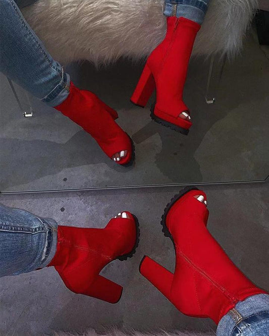 Peep Toe Side Zipper Chunky Heels