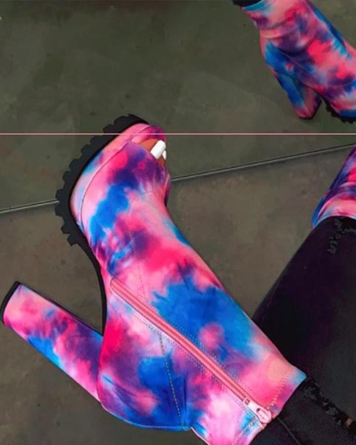 Peep Toe Side Zipper Chunky Heels