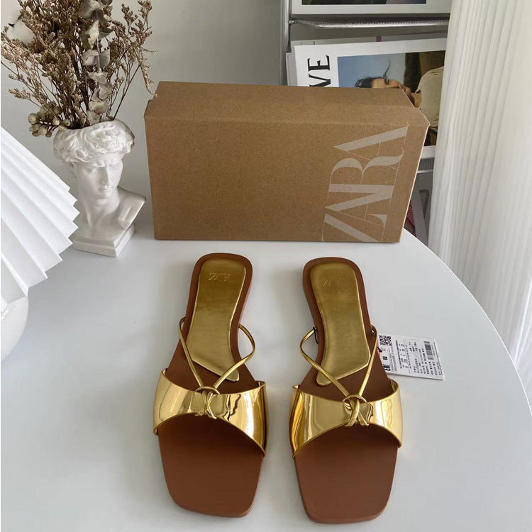 Flat Strap Metal Bow Tie Open Toe Slippers