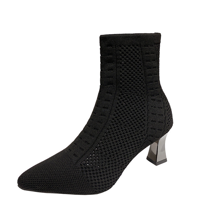 Knitted Sock Short Pointed Chunky Heel Boots