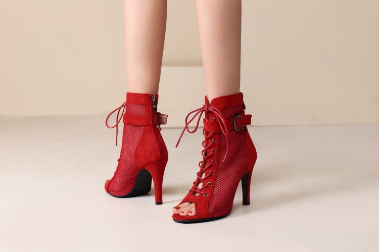 Peep Toe Hollow Mesh Cross Lace-up Buckle Heels