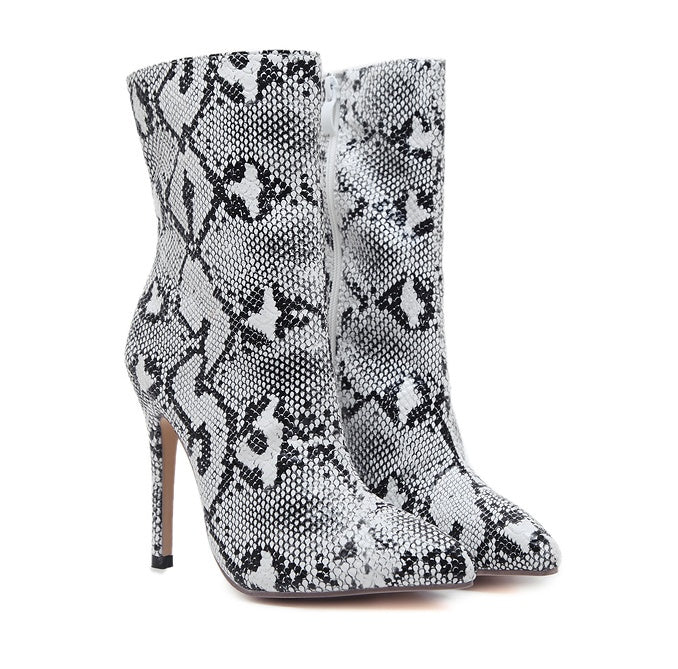 Snake Skin Stiletto Pointed Toe Heel Boots