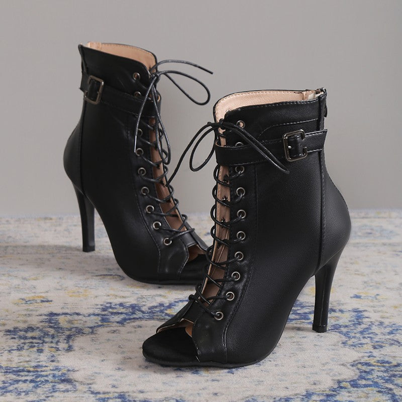 Peep Toe Lace-up Buckle Back Zipper Heels
