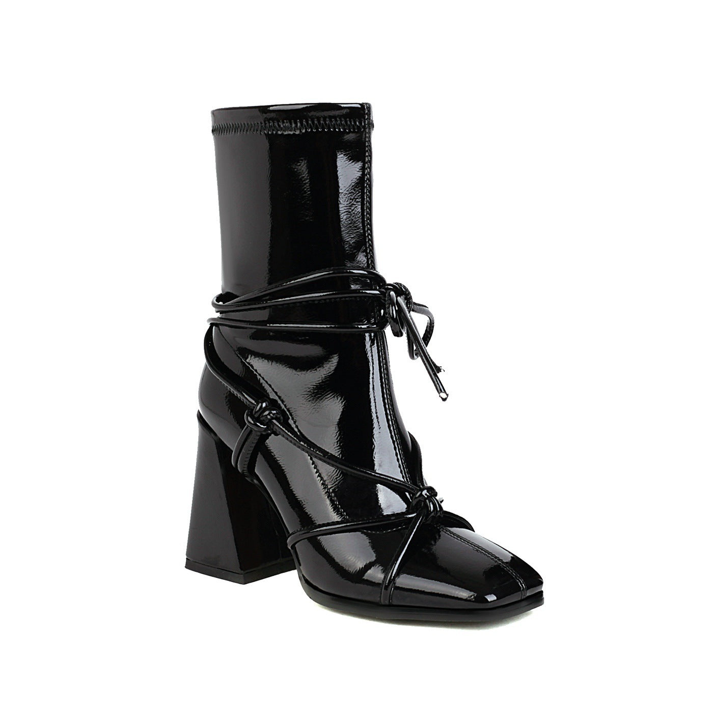 Lace Up Thick High Heel Square Head Ankle Boots