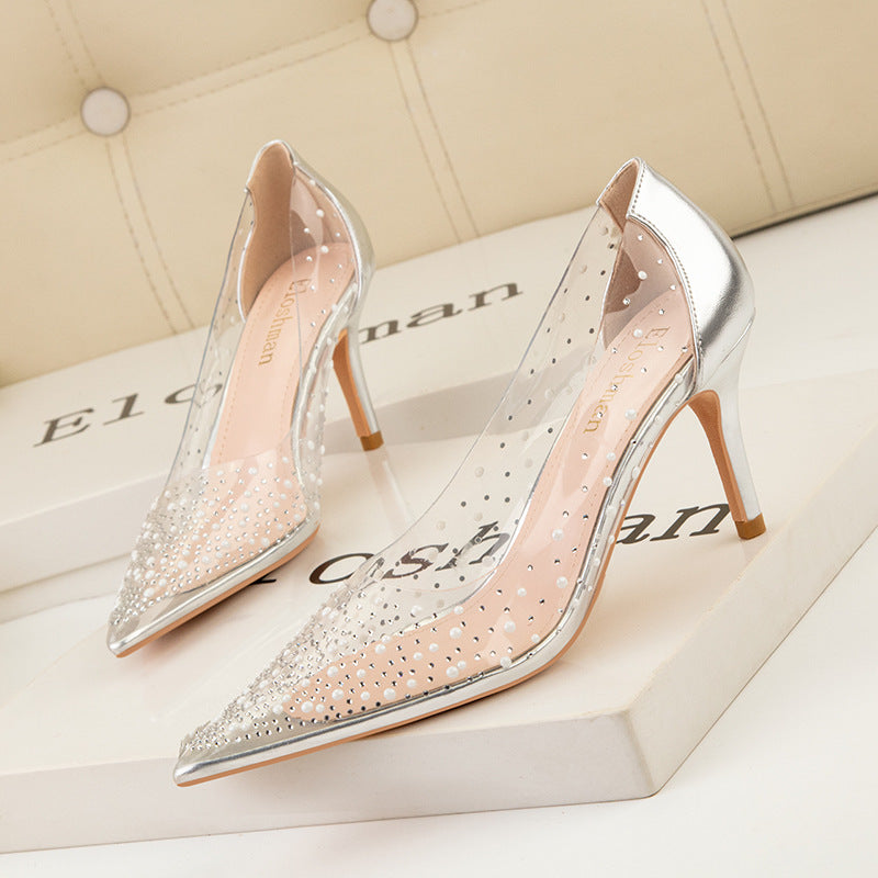 Transparent Cutout Pearl Rhinestone Heels