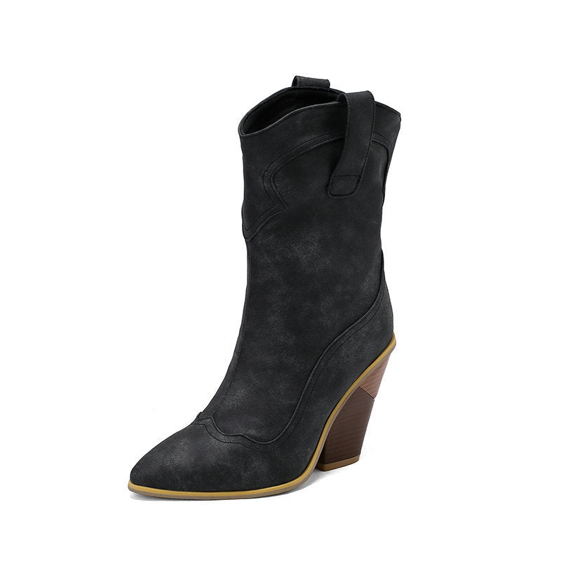 Retro Pointed Profiled Chunky Sleeve Middle Boots