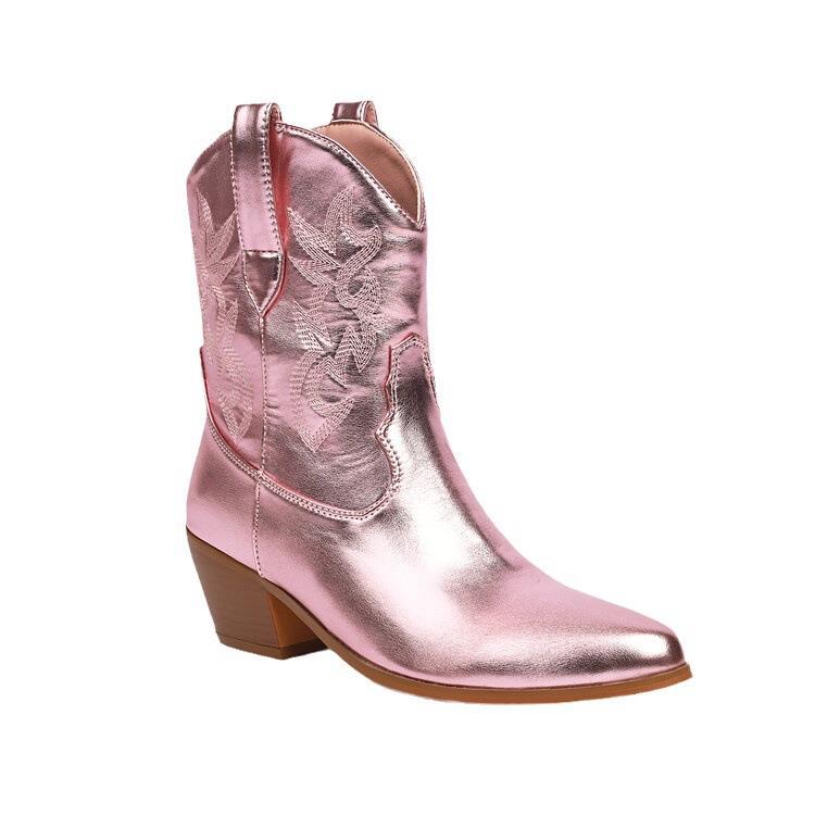 Mirror Patent Leather Embroidery Boots