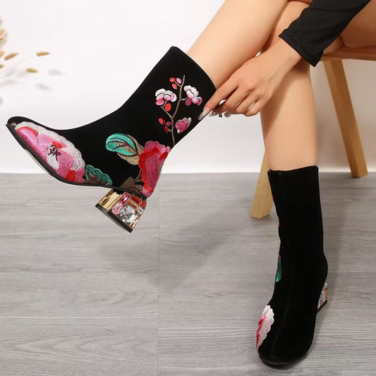 Flower Mid-calf Vintage Embroidery Boots