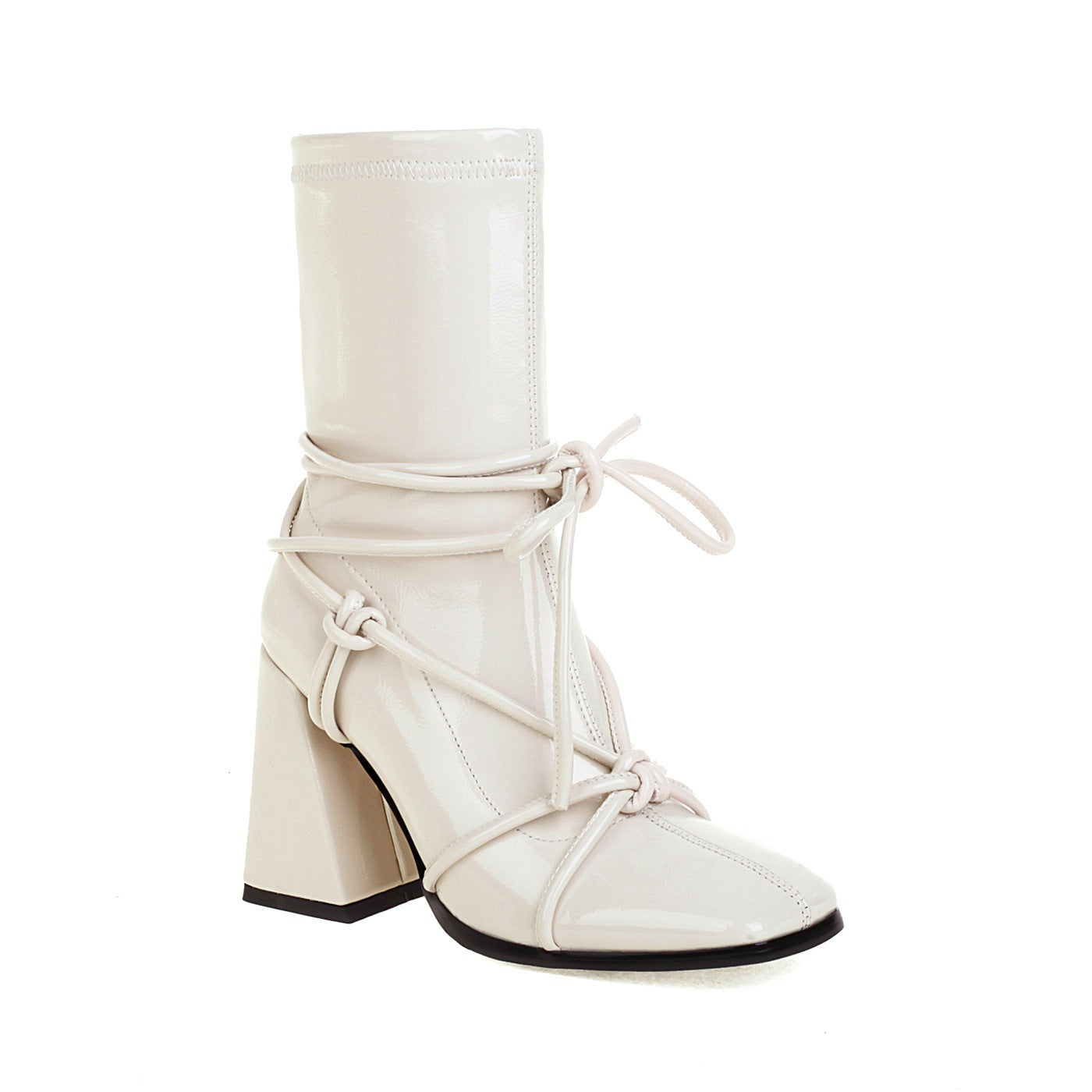 Lace Up Thick High Heel Square Head Ankle Boots