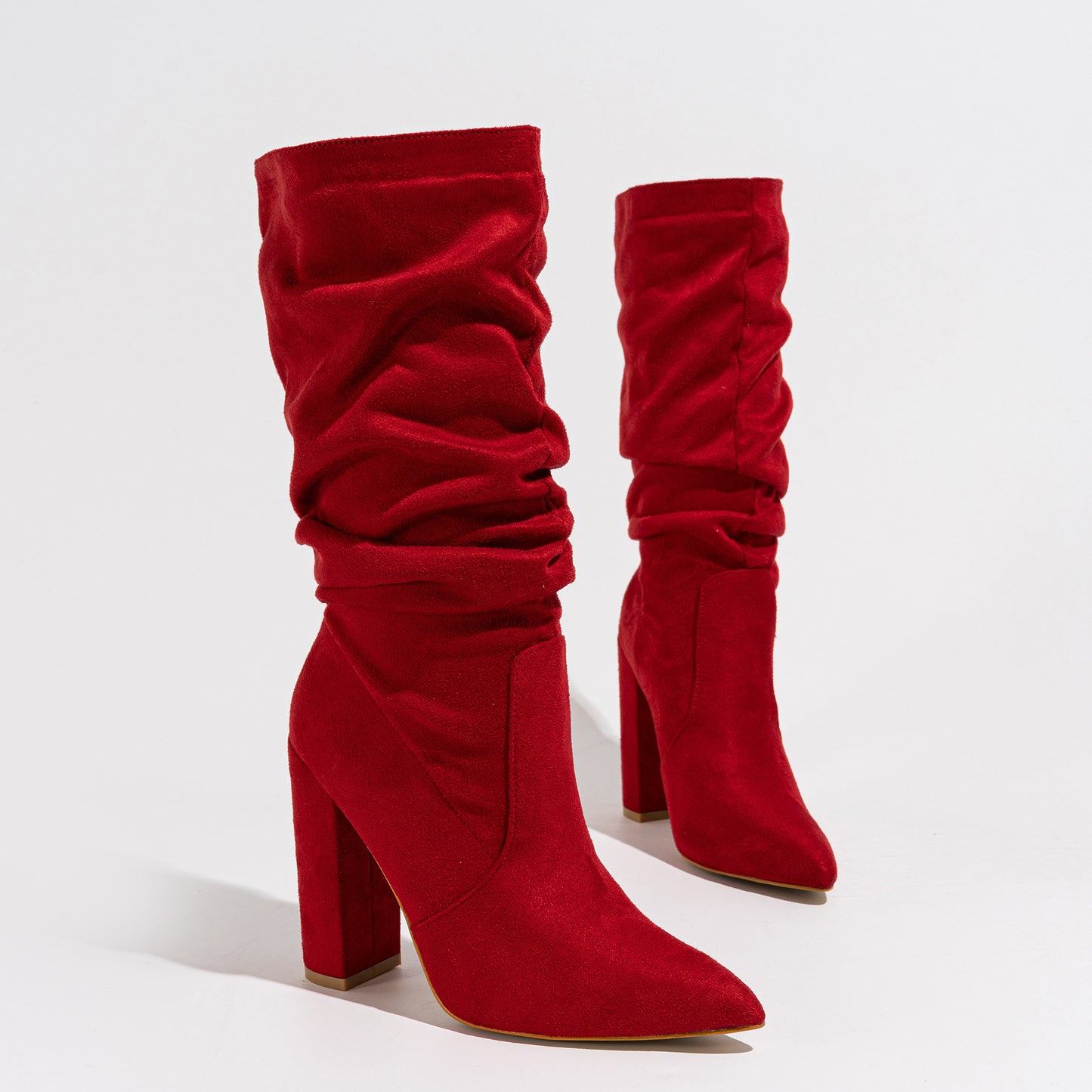 Chunky Pointed-Toe High Heel Pile Boots