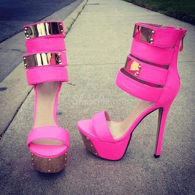 Open Toe Roman Sandals Metal Sheet Rivet Waterproof Platform High Heels