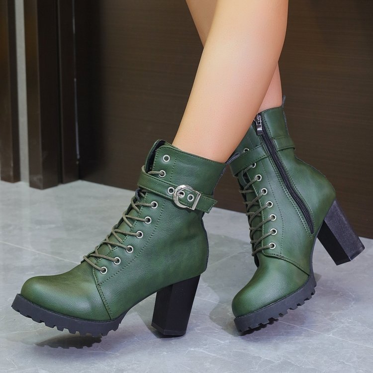 Side Zipper Buckle Low Tube Round Toe Boots
