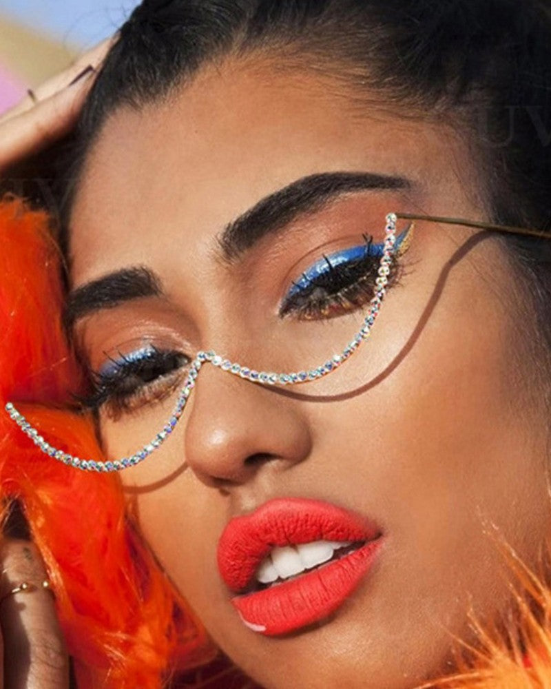 Rhinestone Half Frame Lensless Glasses