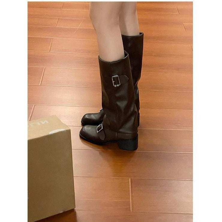 Retro Buckle Pleated Knight Boots