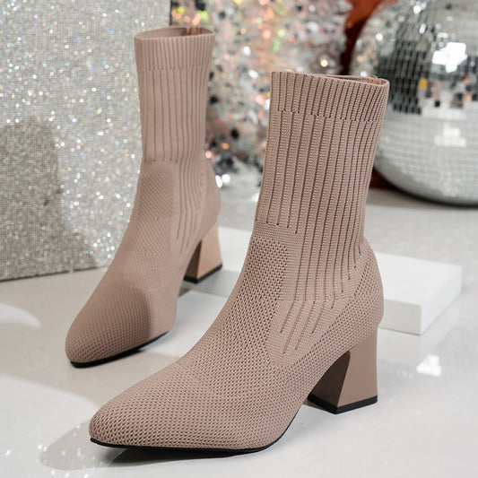 Chunky Pointed Toe Stretch Socks Single Layer Boots