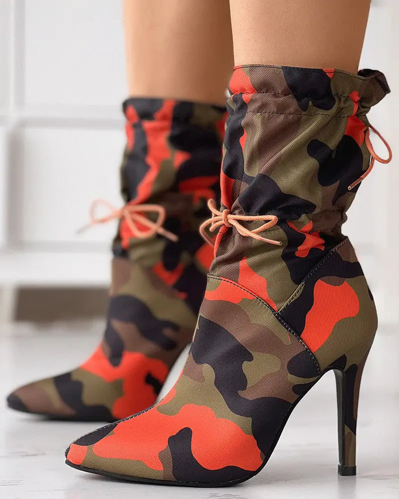Camouflage Print Drawstring Stiletto Heeled Boots