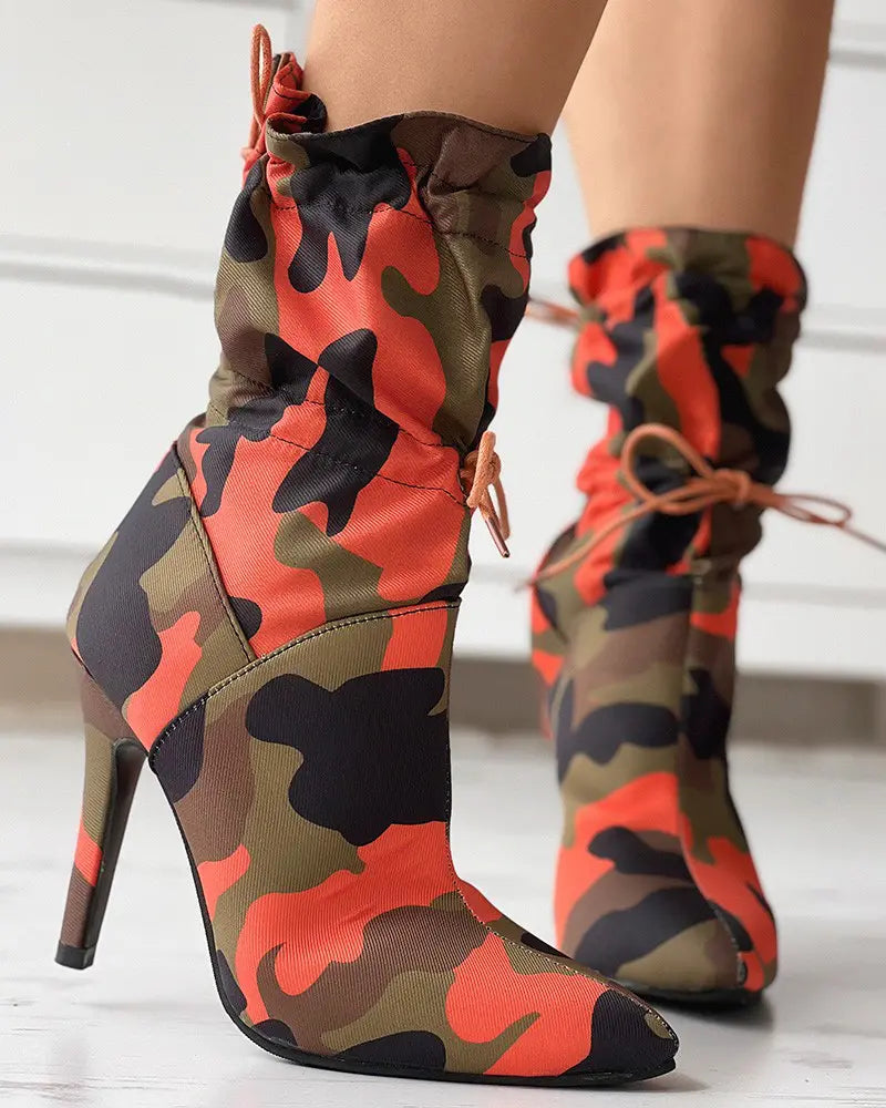 Camouflage Print Drawstring Stiletto Heeled Boots