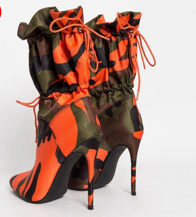 Camouflage Print Drawstring Stiletto Heeled Boots