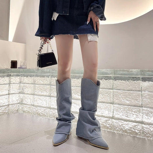 Denim Jeans Long Pointed Block Heel Boots