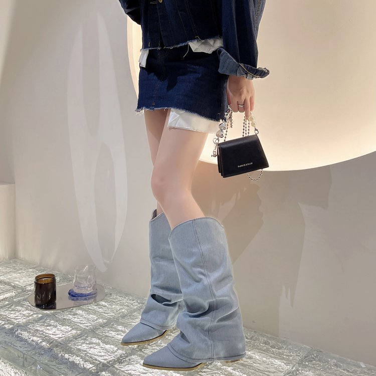 Denim Jeans Long Pointed Block Heel Boots