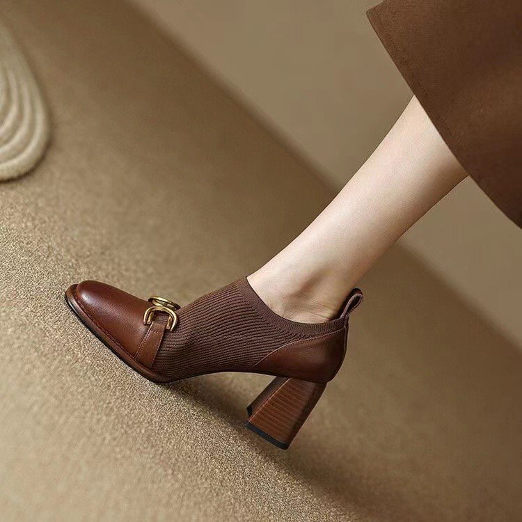 French Retro Soft Leather Square Toe High Heels