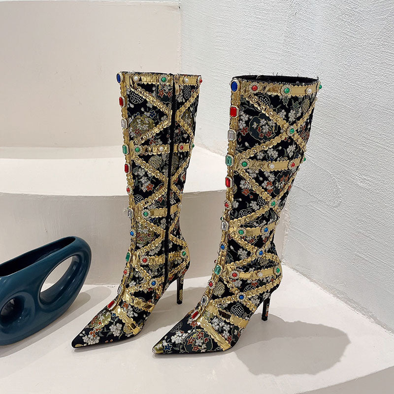 Jewel Style Stiletto High Heel Boots