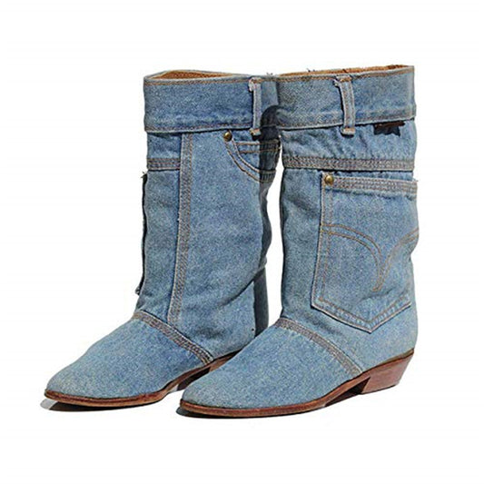 Mid-Calf Low Heel Denim Casual Boots