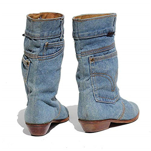 Mid-Calf Low Heel Denim Casual Boots