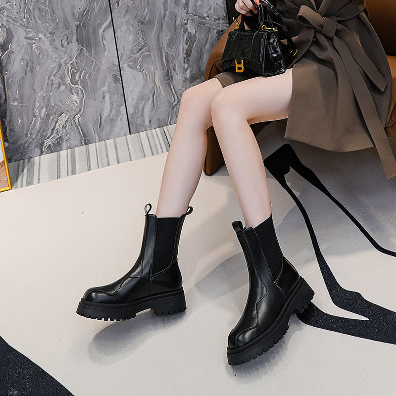Round Head Muffin Bottom Knee-high Stretch Boots