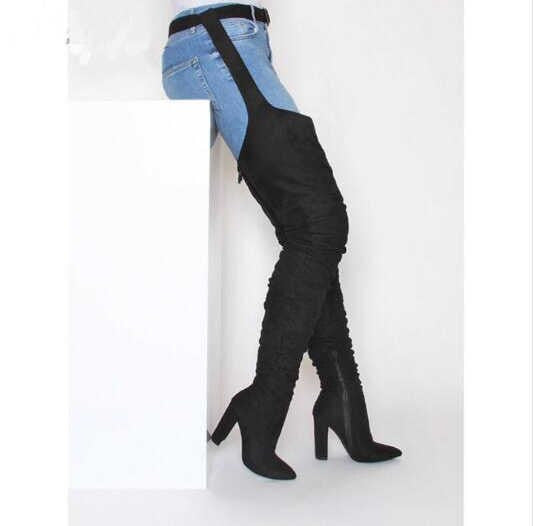 Suede Fashion Pointed Personality Chunky Heel Over The Knee Fashion Boots
