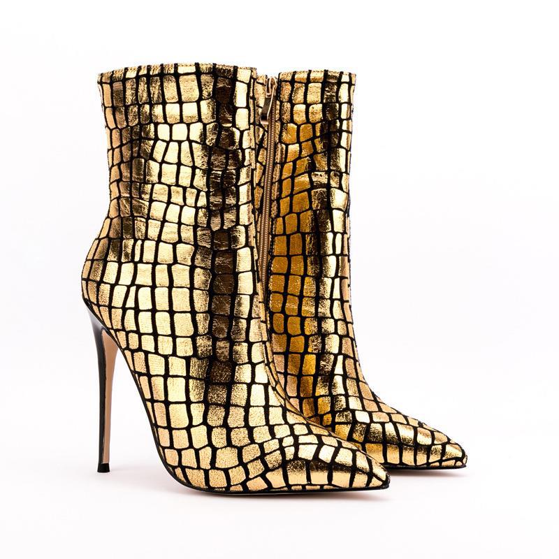 Stiletto Pattern Heel Square Plaid Ankle Boots