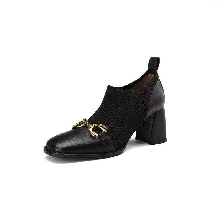 French Retro Soft Leather Square Toe High Heels