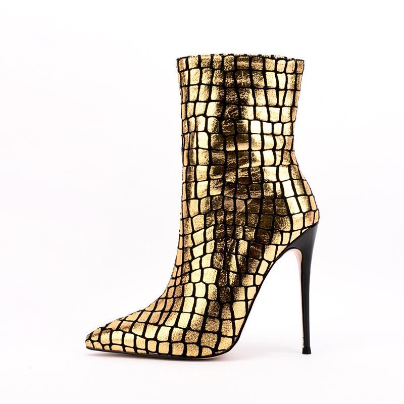 Stiletto Pattern Heel Square Plaid Ankle Boots