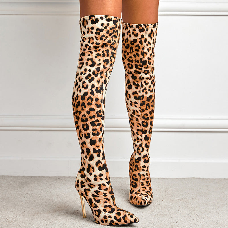 Leopard Print Pointed-toe Skinny Stiletto High Heel Leg Boots