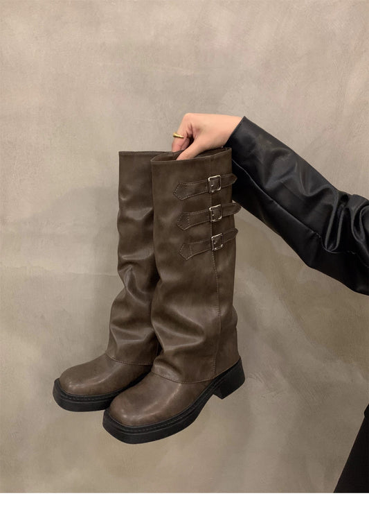 Thick-Soled Retro Long Biker Boots