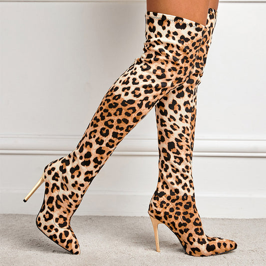 Leopard Print Pointed-toe Skinny Stiletto High Heel Leg Boots