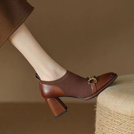 French Retro Soft Leather Square Toe High Heels